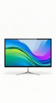 Modern Widescreen Computer Monitor Displaying Colorful Abstract Waves on White Studio Background