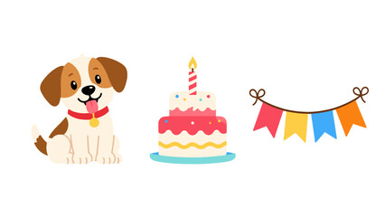 Cute puppy with birthday cake and colorful party bunting © Andrei