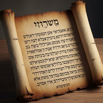 A digital illustration of an ancient scroll with Hebrew writing on a wooden surface