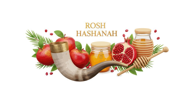 Rosh hashanah elements with shofar apples honey and pomegranate