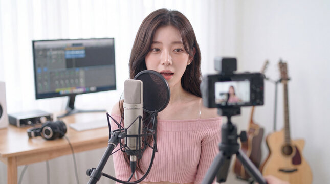 Asian woman singing into a studio microphone while recording music content with a digital camera in a home recording studio.