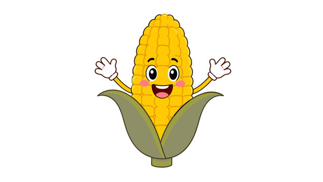 Cute smiling corn cob cartoon character with raised hands