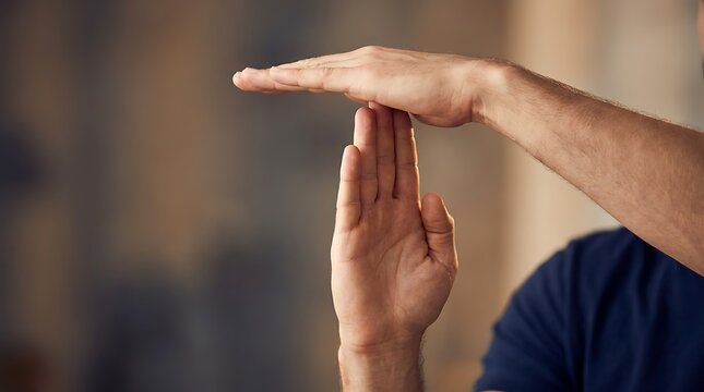 Man showing timeout gesture with hands against blurred background for sports or business situation concept expressing pause break wait stop interruption action by human male person arms.