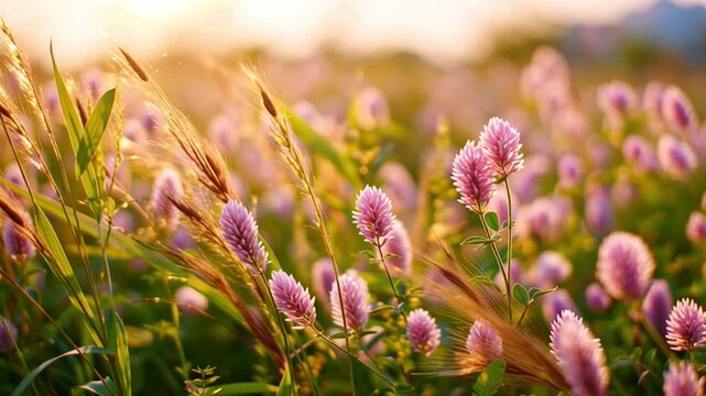 Vibrant Flowers Bloom in a Lush Agricultural Field During Golden Hour Generative AI