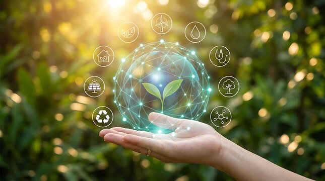 Human hand holding glowing earth globe with green plant sapling surrounded by environmental energy icons illustrating sustainable development and ecological responsibility future concept.