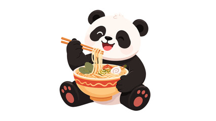 Cute panda eating noodles from a bowl with chopsticks © Andrei