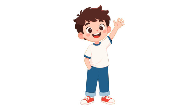 Cute cartoon boy waving with casual clothes on white background