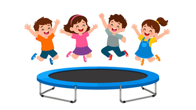 Happy children jumping above a round trampoline illustration