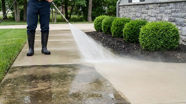 Man power washing concrete sidewalk in front of residential home with green landscaping, cleaning debris and grime for improved curb appeal.