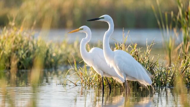 two great egrets close up in everglades national park florida morning light video