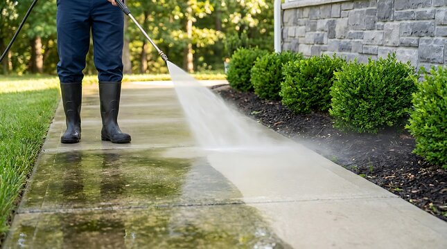 Man power washing concrete sidewalk in front of residential home with green landscaping, cleaning debris and grime for improved curb appeal.