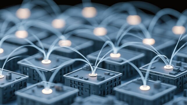 Close up architectural model with light data arcs.