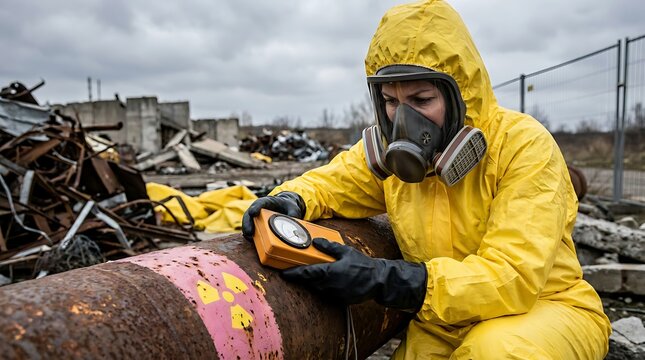 Specialist in hazmat suit checking rusty contaminated pipe with geiger counter at industrial nuclear waste site near ruined buildings under gray cloudy sky environment after incident.