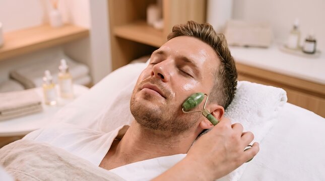 Man receiving relaxing facial treatment with jade roller at spa