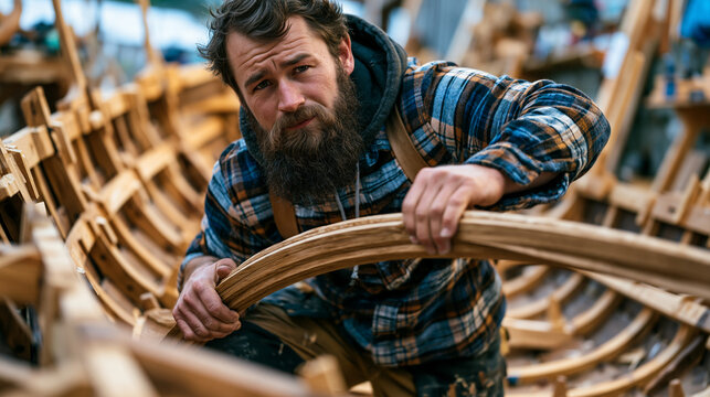 Traditional boatbuilder at golden hour bending steamed oak rib inside wooden dinghy hull frame in waterside workshop, amber light on curved timber, maritime craft, heritage boat construction, handma