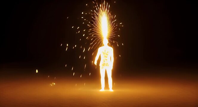 Radiant human figure with fiery sparks erupting from the head symbolizing inspiration energy and creative explosion