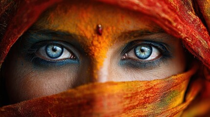 Naklejka premium Close up of woman's eyes with orange veil and festival powder. Indian female portrait with bindi and colorful makeup. Holi and Diwali celebration concept