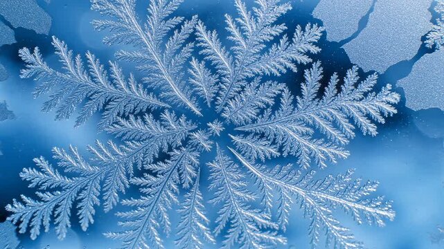 Intricate snowflake macro photograph with soft blue bokeh background and frost patterns