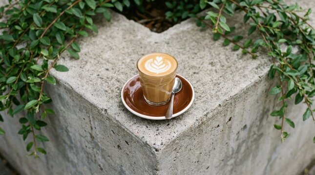 Delicious coffee drink in a glass cup on a small plate with a spoon, surrounded by green plants.