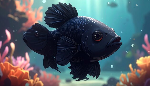 A digital illustration of a dark blue fish swimming in an underwater scene with vibrant coral and sea anemones