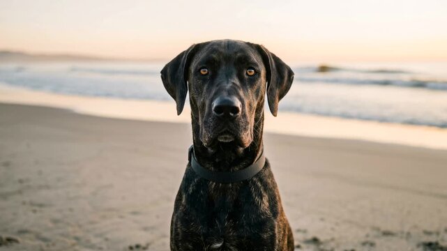 great dane mix close up at cannon beach oregon morning light video