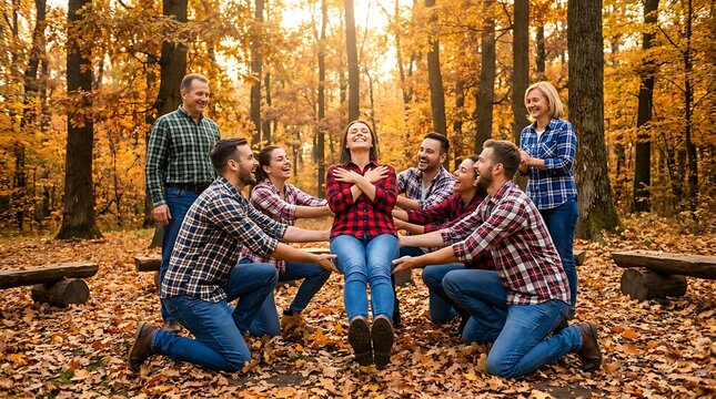 Group of diverse friends playing trust fall game in autumn forest surrounded by colorful fall foliage enjoying bonding activity outdoors during daylight on wooden logs.