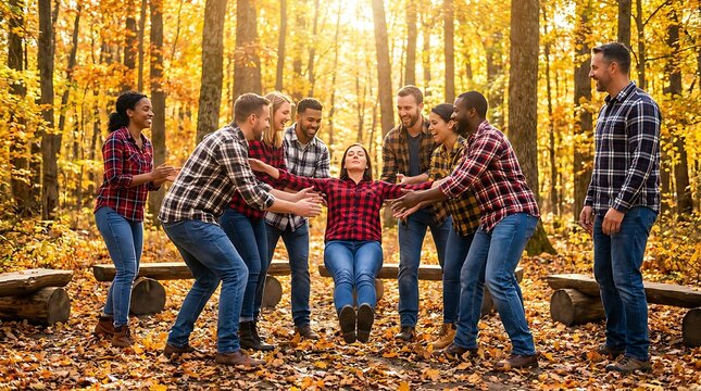 Group of diverse friends playing trust fall game in autumn forest surrounded by colorful fall foliage enjoying bonding activity outdoors during daylight on wooden logs.