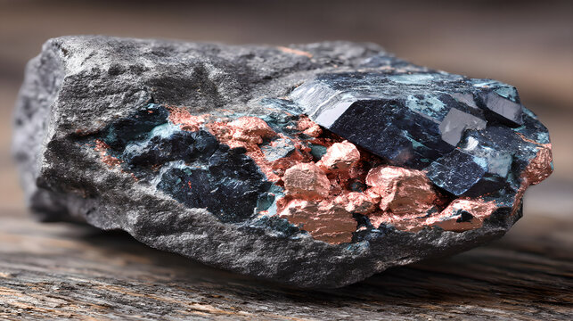 Close up of copper ore crystal clusters, growing on dark bedrock, displaying natural ore texture, emphasizing advanced energy storage materials and strategic mineral significance