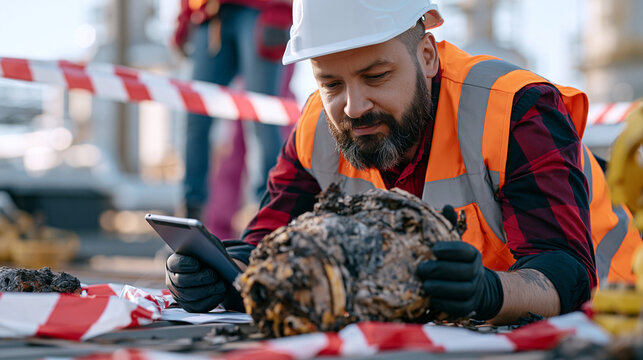 Industrial accident investigator photographing valve assembly wreckage on chemical plant deck plating, incident report tablet, isolation barrier tape perimeter, PPE vest and hard hat, root-cause ana