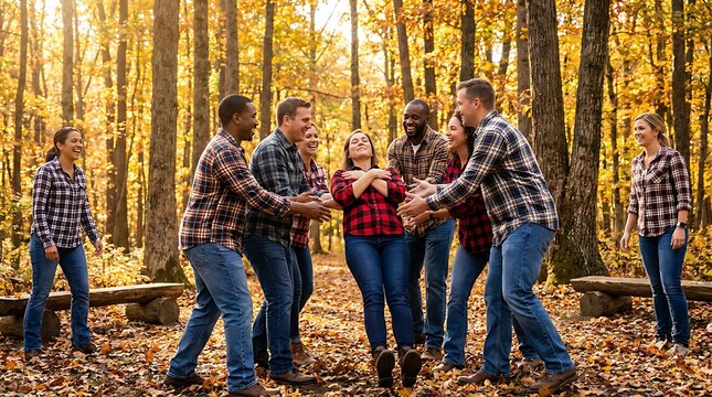 Group of diverse friends playing trust fall game in autumn forest surrounded by colorful fall foliage enjoying bonding activity outdoors during daylight on wooden logs.
