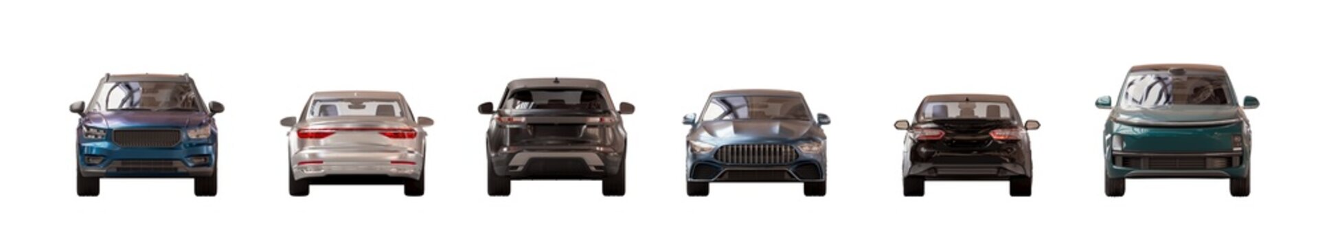 front and back view of unbranded modern cars in parking lot lighting isolated png on a transparent background premium cutout (car cutouts, vehicle assets)
