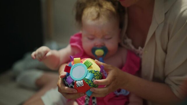 Close up of a caregiver soothing an infant with a pacifier while introducing a colorful sensory toy during a pediatric therapy session