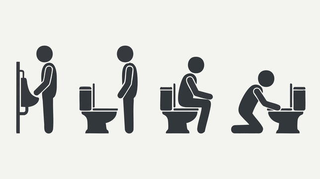 Bathroom Usage Icons: Urinal and Toilet Postures Stick Figures