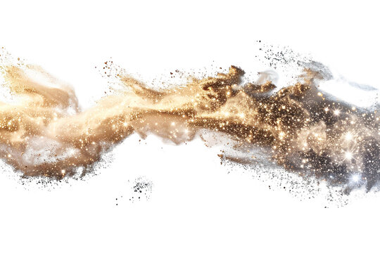 Abstract flowing wave of golden glitter dust particles isolated on white background with particle metallic decoration