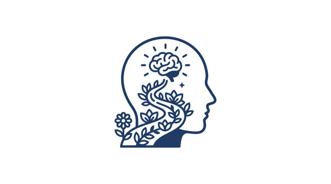 A minimalist line art illustration of a human head profile with a brain and growing plant.