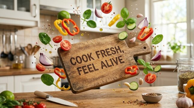 Fresh sliced vegetables including tomatoes, bell peppers, onions and spinach floating around a wooden cutting board engraved with Cook Fresh Feel Alive in a bright kitchen setting.
