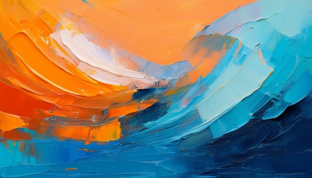 Closeup Of Abstract Rough Colorful Blue Orange Complementary Colors Art Painting Texture Background Wallpaper With Oil Or Acrylic Brushstroke Waves Pallet Knife Paint On Canvas Generative Ai