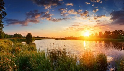 Obraz premium Beautiful Summer Sunset Over The Lake