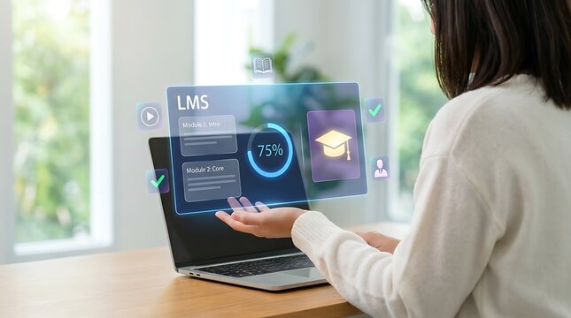 E learning concept with student using laptop and augmented reality interface displaying LMS modules progress and graduation cap icon futuristic education technology.