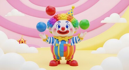 Naklejka premium Colorful Toy Clown Juggling Balls in Whimsical Pastel Circus Scene