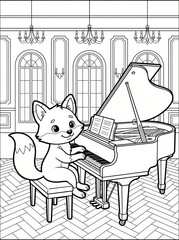 Fototapeta premium Coloring page, cute fox playing a grand piano in an elegant hall.