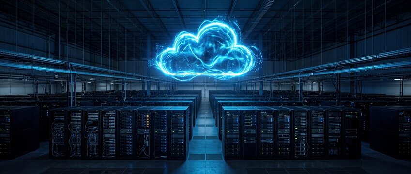 Cloud computing digital infrastructure inside modern datacenter with glowing server racks connected by network lines and fiber