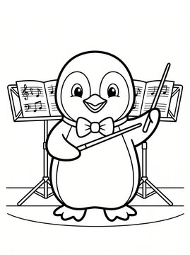 Coloring page, cute penguin holding a conductor baton.