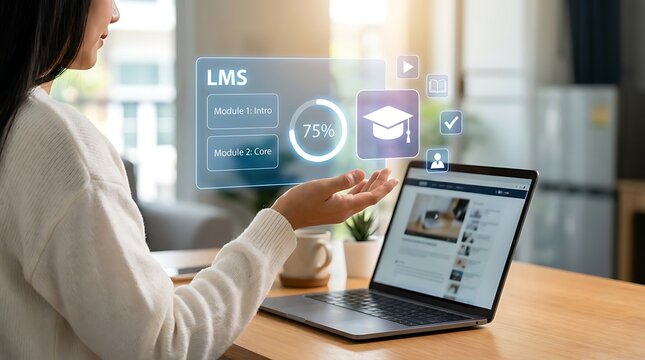E learning concept with student using laptop and augmented reality interface displaying LMS modules progress and graduation cap icon futuristic education technology.