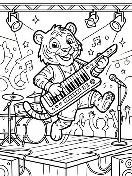 Coloring page, confident tiger playing a keytar on stage.