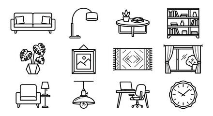 Modern Living Room Elements Icons Set: Sofa, Armchair, Lamp, Table, Bookshelf, Clock © 50mas