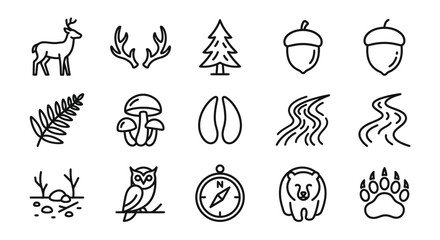 Forest Icons Set: Deer, Antlers, Tree, Acorns, Fern, Mushroom, Tracks, River, Owl, Compass © 300mas