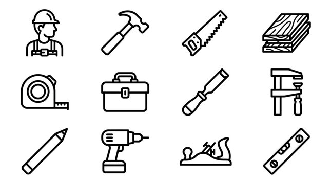 Carpentry Tools and Equipment Icons Set