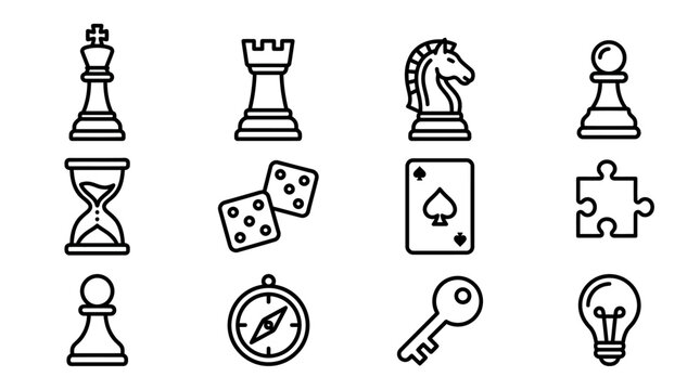 Set of 12 game and strategy icons: chess, dice, cards, puzzle, compass, key, lightbulb