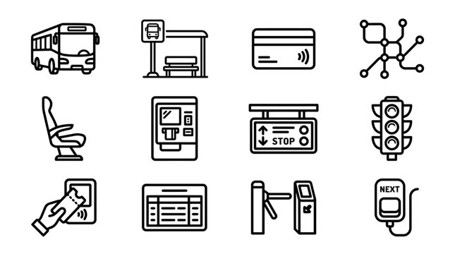 Public Transport Icons Set: Bus, Stop, Ticket, Seat, Traffic Light, Turnstile